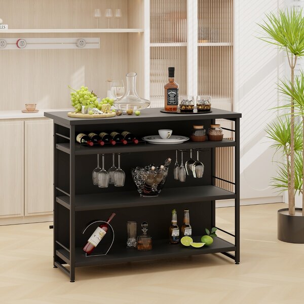 Costway Isola cucina stile industriale con 3 ripiani aperti portabottiglie e porta calici, Mobile bar con poggiapiedi Nero