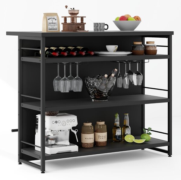 Costway Isola cucina stile industriale con 3 ripiani aperti portabottiglie e porta calici, Mobile bar con poggiapiedi Nero