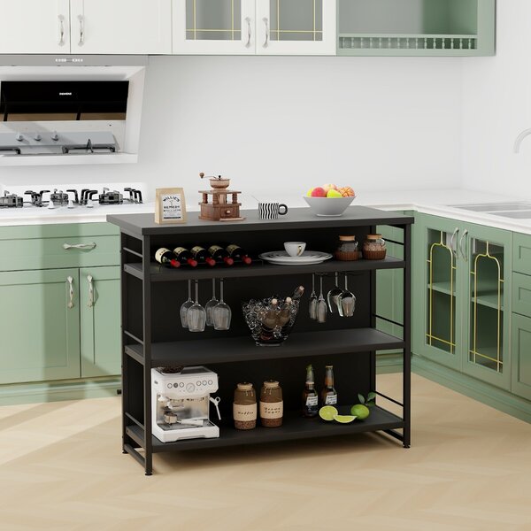Costway Isola cucina stile industriale con 3 ripiani aperti portabottiglie e porta calici, Mobile bar con poggiapiedi Nero