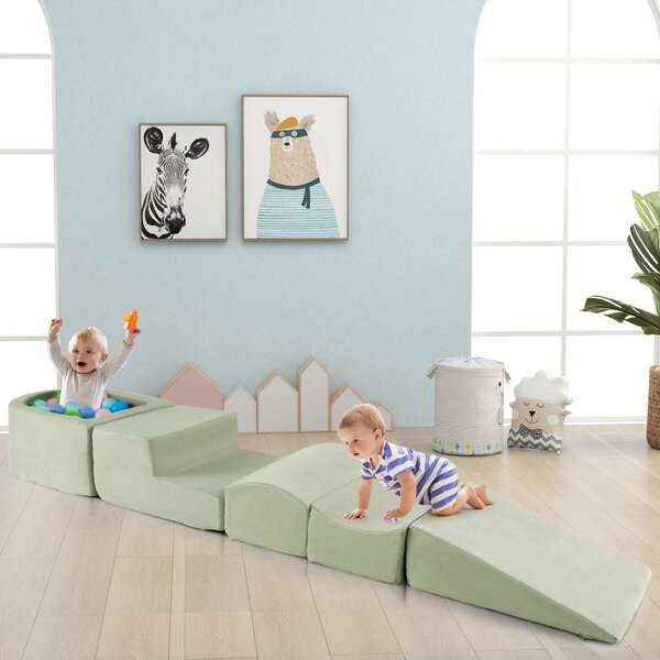 Costway Set di gioco in schiuma a 5 pezzi per bambini con piscina di palline coperture lavabili, Blocchi creativi palline non incluse Verde chiaro
