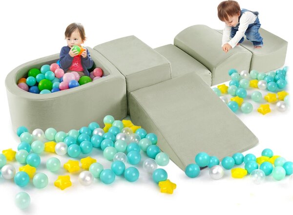 Costway Set di gioco in schiuma a 5 pezzi per bambini con piscina di palline coperture lavabili, Blocchi creativi palline non incluse Verde chiaro