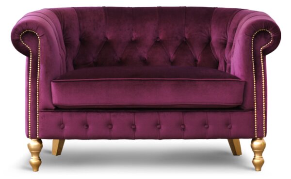 Divano Chesterino in velluto viola con gambe e borchie oro