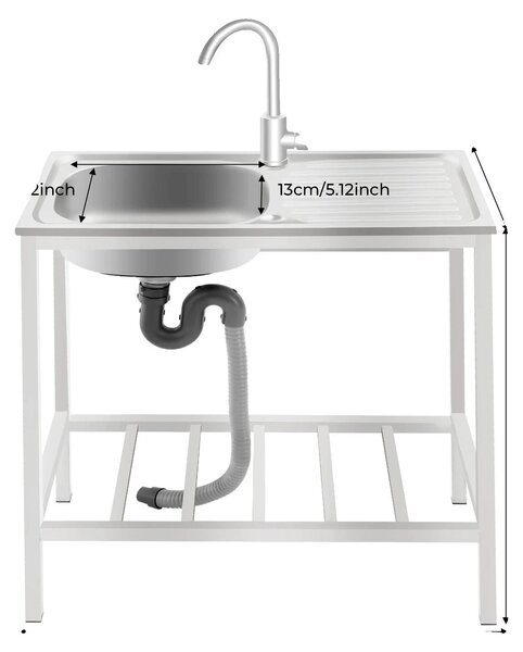 Lavello, in acciaio inossidabile, freestanding, con rubinetto girevole a 360°, finitura argento