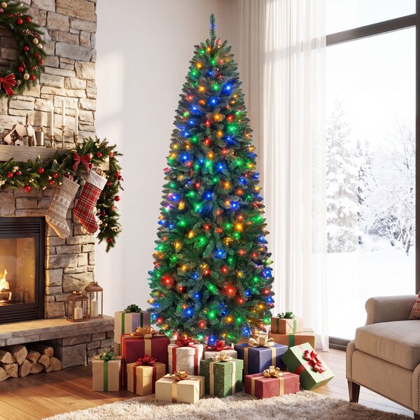 Costway Albero di natale artificiale con luci bianche calde e multicolori, Albero di natale slanciata con 9 modalità di illuminazione foglie in pvc 210cm