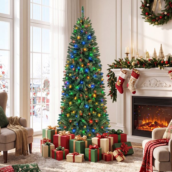 Costway Albero di natale artificiale con luci bianche calde e multicolori, Albero di natale slanciata con 9 modalità di illuminazione foglie in pvc 210cm