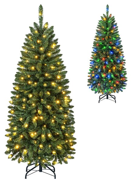 Costway Albero di natale artificiale con luci bianche calde e multicolori, Albero di natale slanciata con 9 modalità di illuminazione foglie in pvc 150cm