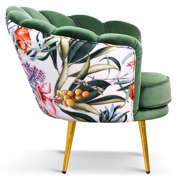 Poltrona Maia in Velluto Verde Menta, Monocolore o con retro in Microfibra Fantasia Esotica, Gambe Oro