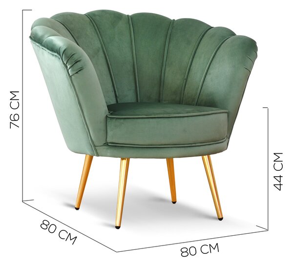 Poltrona Maia in Velluto Verde Menta, Monocolore o con retro in Microfibra Fantasia Esotica, Gambe Oro