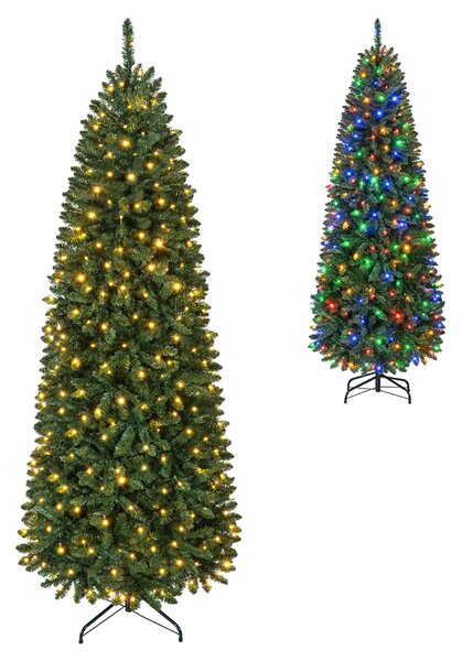 Costway Albero di natale artificiale con luci bianche calde e multicolori, Albero di natale slanciata con 9 modalità di illuminazione foglie in pvc 210cm