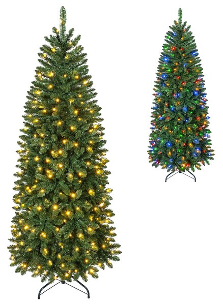 Costway Albero di natale artificiale con luci bianche calde e multicolori, Albero di natale slanciata con 9 modalità di illuminazione foglie in pvc 180cm