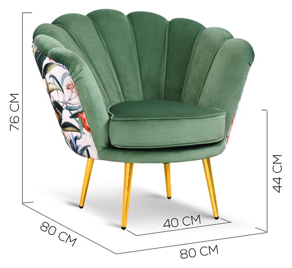 Poltrona Maia in Velluto Verde Menta, Monocolore o con retro in Microfibra Fantasia Esotica, Gambe Oro