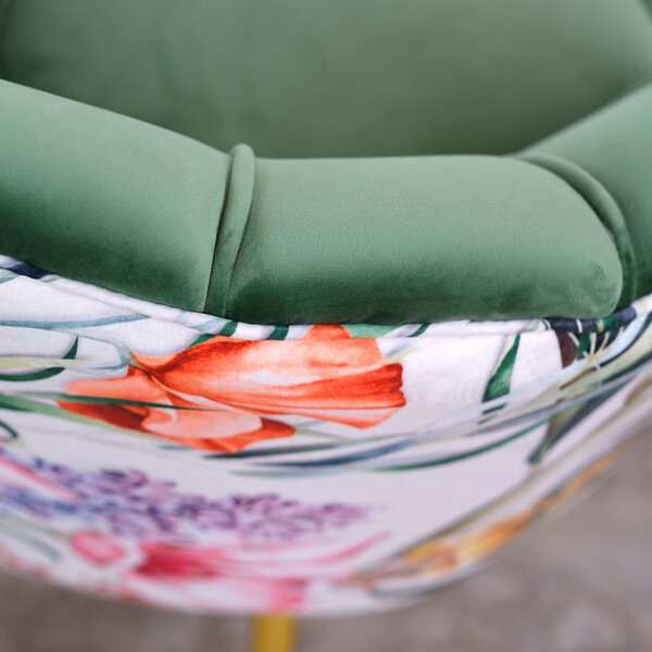 Poltrona Maia in Velluto Verde Menta, Monocolore o con retro in Microfibra Fantasia Esotica, Gambe Oro