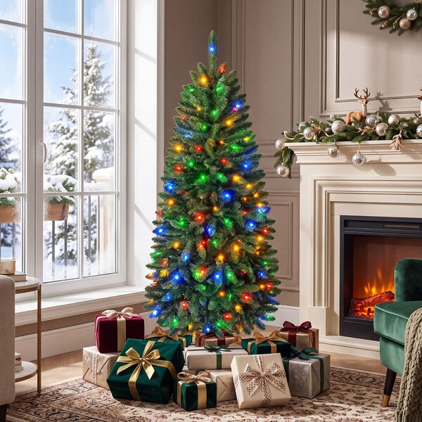 Costway Albero di natale artificiale con luci bianche calde e multicolori, Albero di natale slanciata con 9 modalità di illuminazione foglie in pvc 150cm