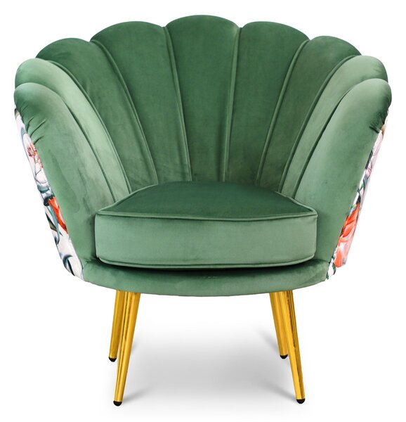 Poltrona Maia in Velluto Verde Menta, Monocolore o con retro in Microfibra Fantasia Esotica, Gambe Oro