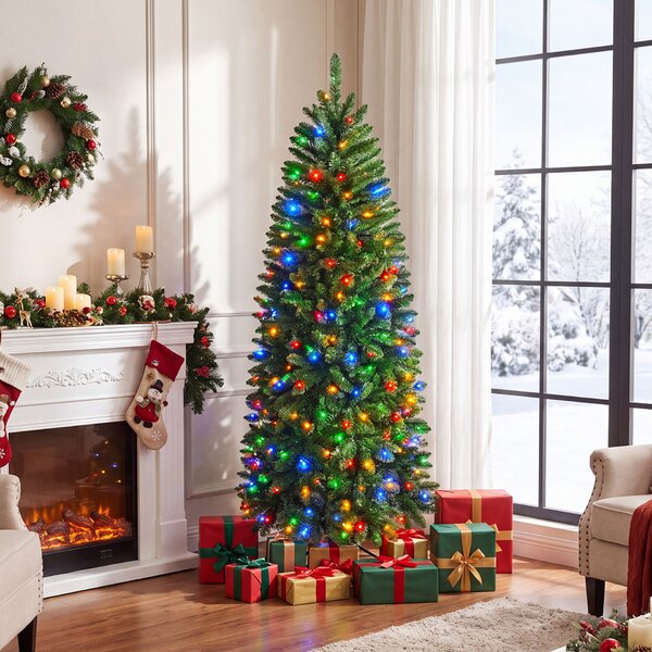 Costway Albero di natale artificiale con luci bianche calde e multicolori, Albero di natale slanciata con 9 modalità di illuminazione foglie in pvc 180cm