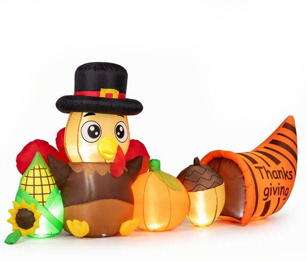 Costway Decorazione gonfiabile del ringraziamento del tacchino con luci, Decorazione gonfiabile a tacchino con cappello cornucopia zucca pigna ventilatore