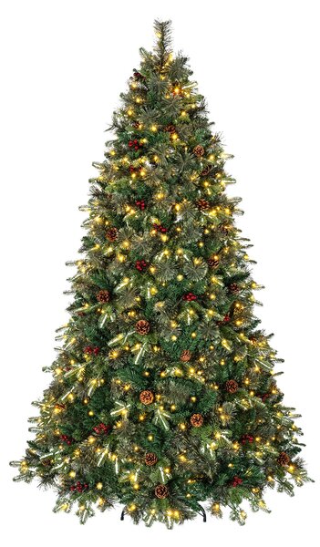 Costway Albero di natale artificiale con 450 luci led regolabili per casa ufficio e negozi, Albero di natale folto con 1198 rami 44 pigne 44 bacche rosse 210 cm