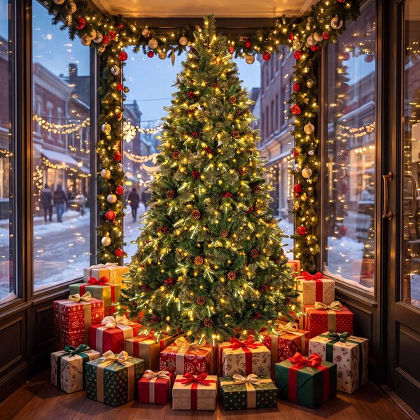 Costway Albero di natale artificiale con 450 luci led regolabili per casa ufficio e negozi, Albero di natale folto con 1198 rami 44 pigne 44 bacche rosse 210 cm