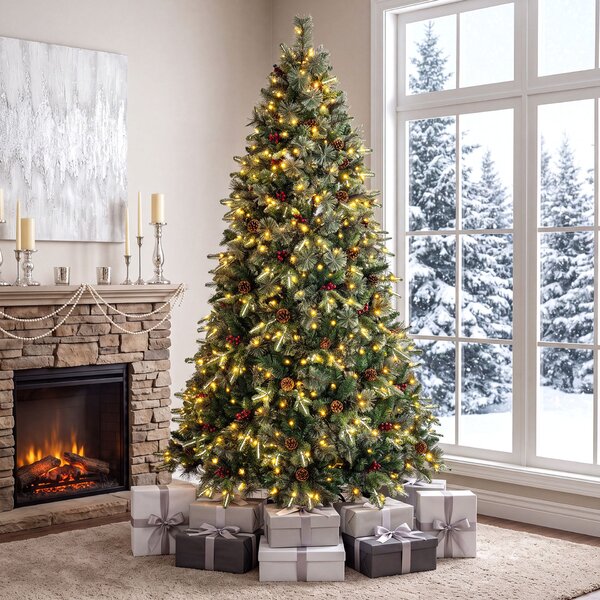Costway Albero di natale artificiale con 450 luci led regolabili per casa ufficio e negozi, Albero di natale folto con 1198 rami 44 pigne 44 bacche rosse 210 cm