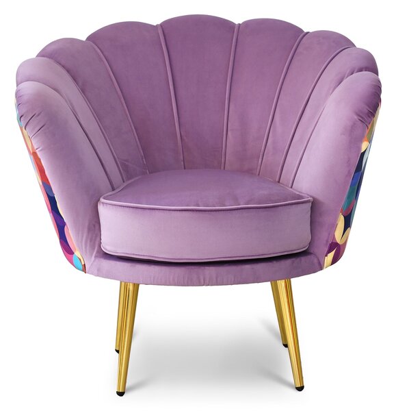 Poltrona Maia in Velluto Lilla, Monocolore o con retro in Microfibra Fantasia Multicolor, Gambe Oro