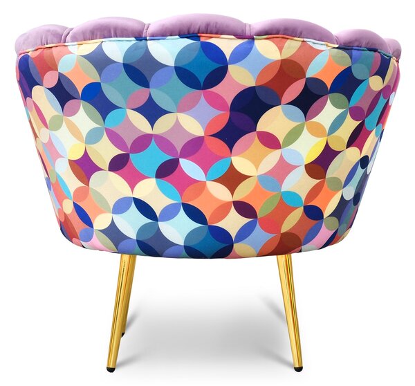 Poltrona Maia in Velluto Lilla, Monocolore o con retro in Microfibra Fantasia Multicolor, Gambe Oro