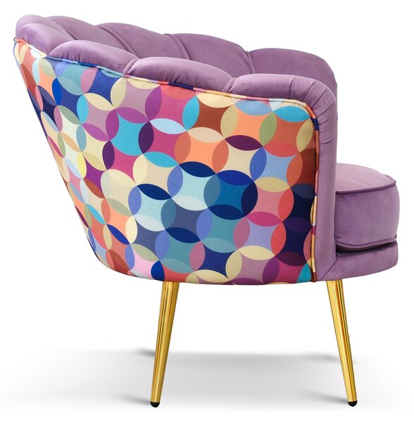 Poltrona Maia in Velluto Lilla, Monocolore o con retro in Microfibra Fantasia Multicolor, Gambe Oro