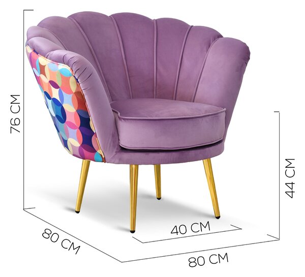 Poltrona Maia in Velluto Lilla, Monocolore o con retro in Microfibra Fantasia Multicolor, Gambe Oro