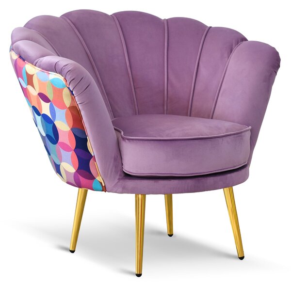 Poltrona Maia in Velluto Lilla, Monocolore o con retro in Microfibra Fantasia Multicolor, Gambe Oro
