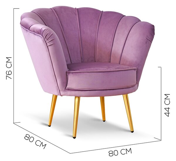 Poltrona Maia in Velluto Lilla, Monocolore o con retro in Microfibra Fantasia Multicolor, Gambe Oro