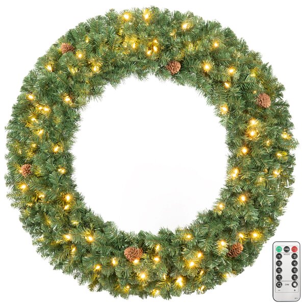 Costway Ghirlanda corona natalizia da 122 cm con 150 luci led per porta finestra e camino, Ghirlanda decorativa con 450 rami 6 pigne