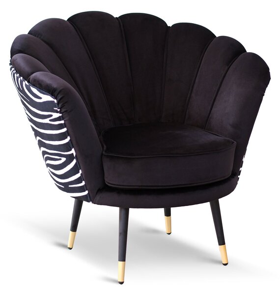 Poltrona Maia in Velluto Nero, Monocolore o con retro in Microfibra Zebrato, Gambe Nere con dettaglio Ottone