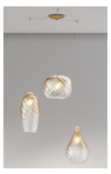 TIDE SOSPENSIONE 3 LUCI OTTONE DECENTRATA CON DIFFUSORI IN VETRO RIGATO AMBRA LAMPADINE ATTACCO E27 MODERNA