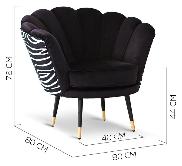 Poltrona Maia in Velluto Nero, Monocolore o con retro in Microfibra Zebrato, Gambe Nere con dettaglio Ottone