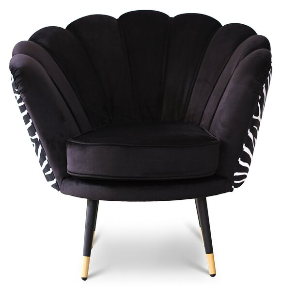 Poltrona Maia in Velluto Nero, Monocolore o con retro in Microfibra Zebrato, Gambe Nere con dettaglio Ottone