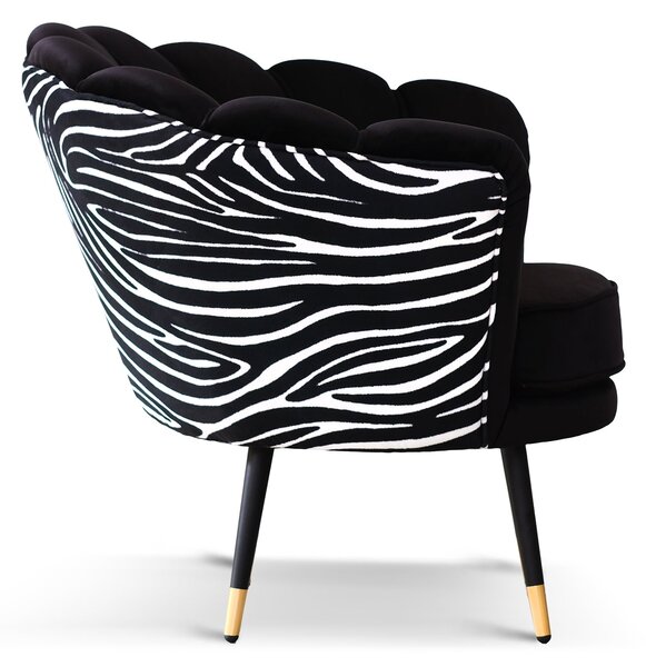 Poltrona Maia in Velluto Nero, Monocolore o con retro in Microfibra Zebrato, Gambe Nere con dettaglio Ottone