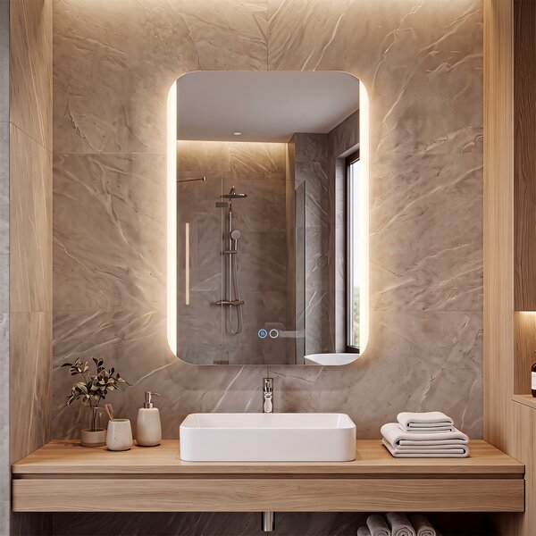 Costway Specchio da bagno con luce e retroilluminazione con 3 colori e luminosità regolabili funzione memoria, Specchio da parete per ingresso