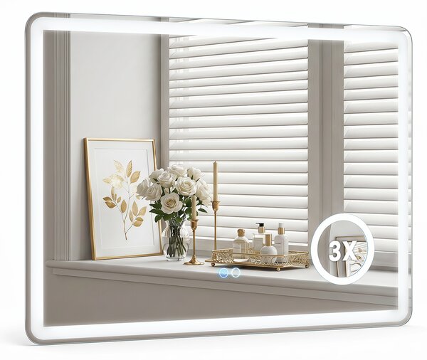 Costway Specchio bagno da parete con luce led e lente d'ingrandimento 3x, Specchio da trucco illuminato con 3 colori dimmerabili e antiappannamento