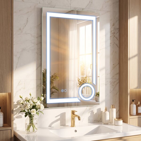 Costway Specchio bagno con luci led con mirror moderno per trucco luminosità e colore regolabili, Specchio da parete con antiappannamento