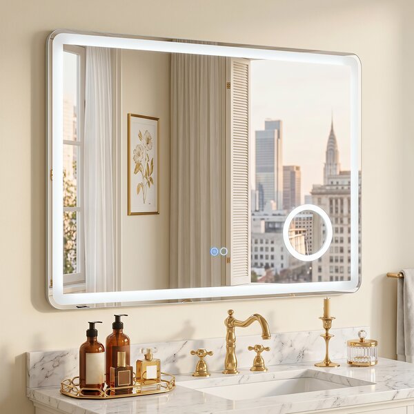 Costway Specchio bagno da parete con luce led e lente d'ingrandimento 3x, Specchio da trucco illuminato con 3 colori dimmerabili e antiappannamento