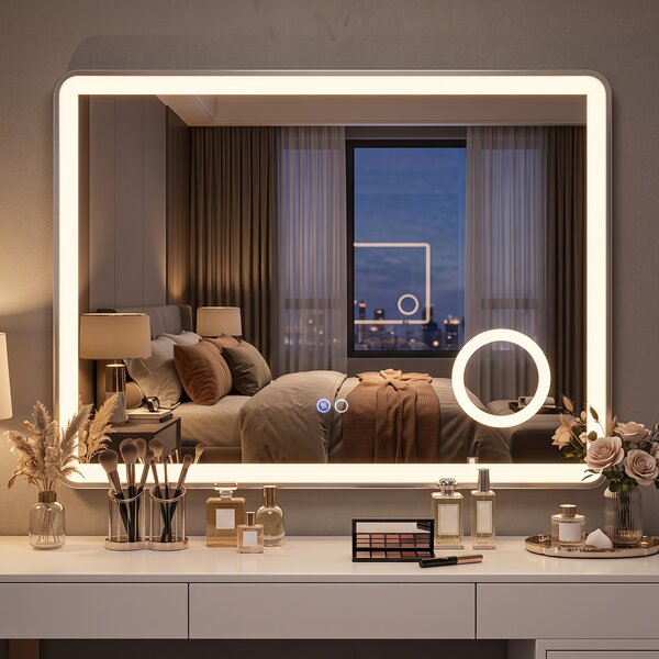 Costway Specchio bagno da parete con luce led e lente d'ingrandimento 3x, Specchio da trucco illuminato con 3 colori dimmerabili e antiappannamento