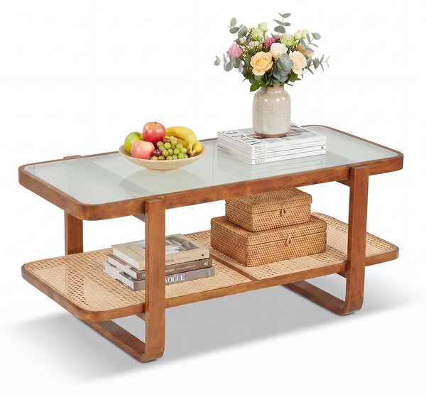 Costway Tavolino salotto in legno e vetro satinato temperato con decorazioni rattan, Tavolo basso da soggiorno design rustico e salvaspazio