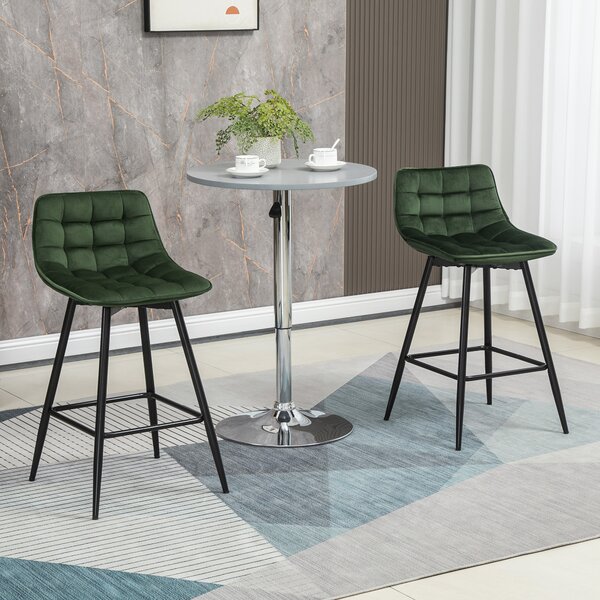 HOMCOM Set 2 Sgabelli da Bar con Schienale e Poggiapiedi Stile Nordico in Metallo e Velluto, Verde, 45x47x88cm|Aosom