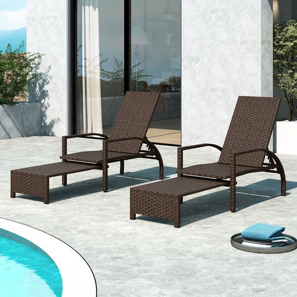 Costway Set di 2 lettino prendisole pieghevole da giardino con schienale regolabile in 6 posizioni, Sedia da salotto in rattan con poggiapiedi