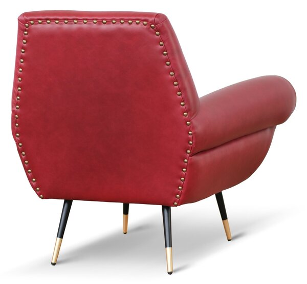 Poltrona design vintage Vico pelle fiore pull up rosso ciliegia con borchie anticate e gambe nere e ottone