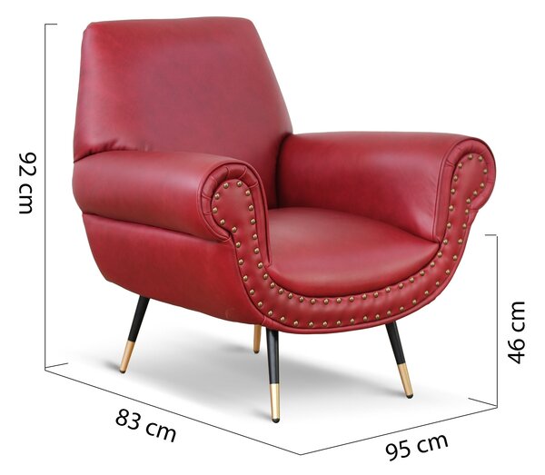 Poltrona design vintage Vico pelle fiore pull up rosso ciliegia con borchie anticate e gambe nere e ottone