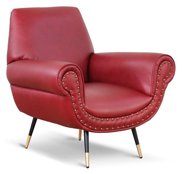 Poltrona design vintage Vico pelle fiore pull up rosso ciliegia con borchie anticate e gambe nere e ottone
