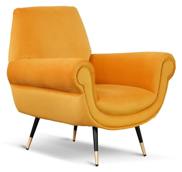 Poltrona design vintage Vico velluto giallo mostarda gambe nere e ottone