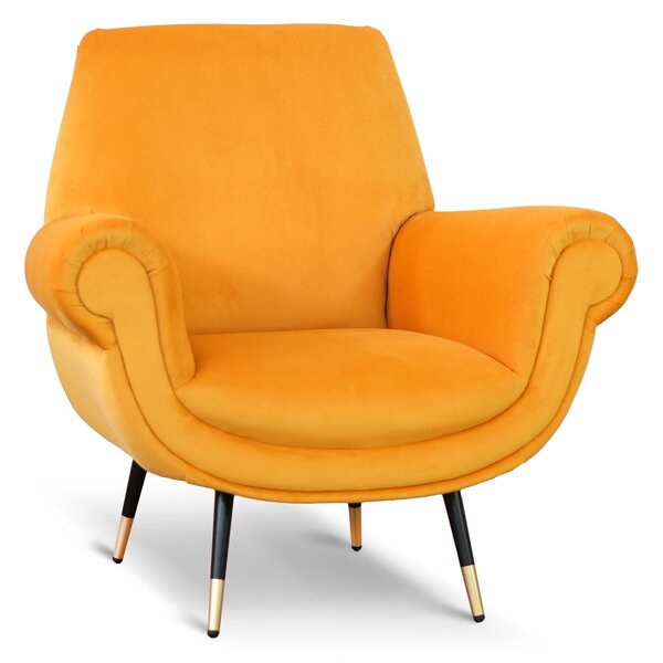 Poltrona design vintage Vico velluto giallo mostarda gambe nere e ottone