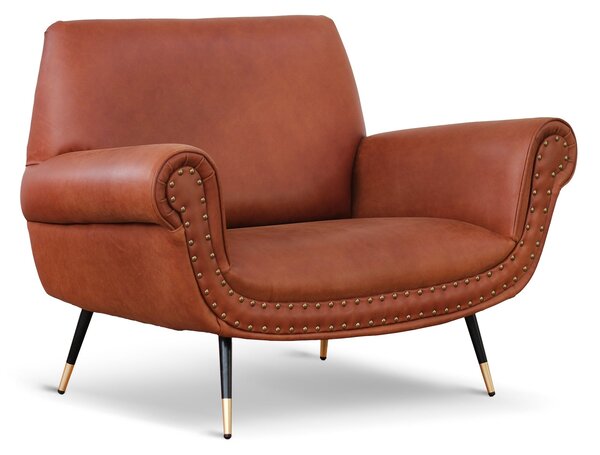 Divano 2 posti design vintage Vico pelle fiore pull up cognac con borchie anticate e gambe nere e ottone