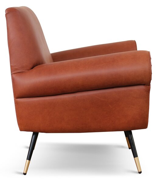 Divano 2 posti design vintage Vico pelle fiore pull up cognac con borchie anticate e gambe nere e ottone